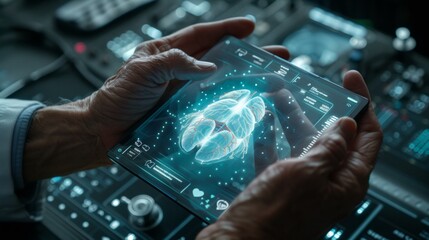 Wall Mural - Detailed artwork showcasing a physician's hands holding a futuristic digital device, projecting a hologram of the human anatomy, AI Generative
