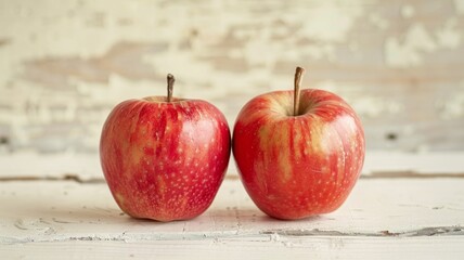 Two red apples on white wooden table - Vibrant and fresh, two red apples sit against an aged white wooden backdrop, presenting a contrast between the lively fruit and rustic surface