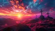 Vivid Sunset with Crosses on a Mountain - Dramatic sunset behind three crosses on a mountain symbolizing hope and faith in an inspiring landscape
