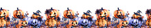 Halloween Seamless Border. Watercolor Illustration. Drawn Scary Halloween Decoration. Pumpkins Decoration. Seamless Festive Border. White Background