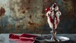 A vintage-style photograph of a classic American ice cream sundae. Scoops of vanilla and chocolate ice cream are layered in a tall glass goblet, topped with whipped cream, a maraschino cherry