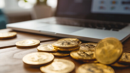 gold coins or bitcoins and a laptop on the table, online trading or crypto trading concept, e commerce business  