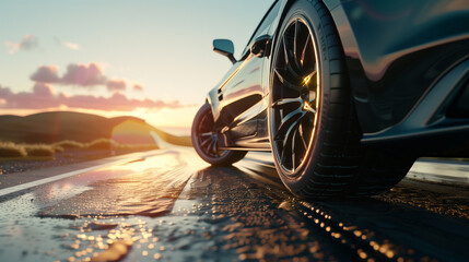 low angle view of modern car's tire on road