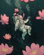 Spaceman diving surrounded by pink lotus flowers