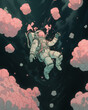 Spaceman diving surrounded by pink clouds