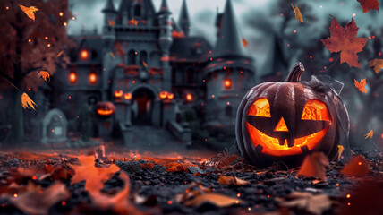 Wall Mural - Halloween creepy background design with castle. Happy halloween trick or treat text with cute pumpkins and beautiful scene 3D illustration