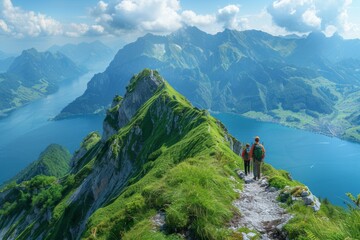 Two hikers ascend a trail, overlooking a stunning alpine lake nestled among dramatic mountain ranges.