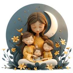 Wall Mural - A heartwarming 3D cartoon render of a mother tucking in her children at night.