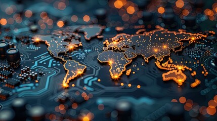 Wall Mural - The illuminated digital map of the world is engraved on a dark printed circuit board. Innovative PC. Generative AI
