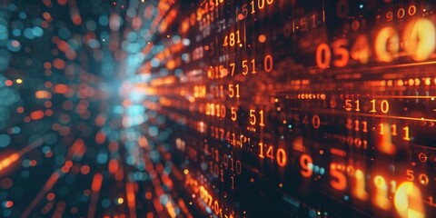 A blurred background of computer code with numbers and symbols floating in the foreground, creating an abstract representation of coding or software development