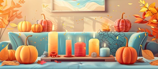 Poster - In the living room, there are pumpkins and candles displayed on the couch. The decor also includes a picture frame, art, and a plant