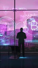 Sticker - businessman in office in front of infographic about cryptocurrency, 3d render