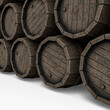 Wall from Wooden Cask Barrels Pile. 3D Illustration.