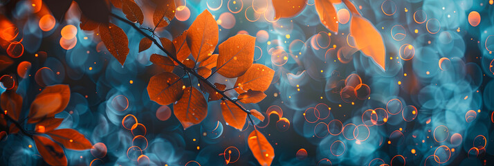 Wall Mural - autumn background with orange leaves on a blurred bokeh light nature backdrop, generative AI