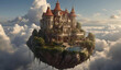 Majestic Castle on Secluded Island Floats Above Clouds Under Golden Sunrise