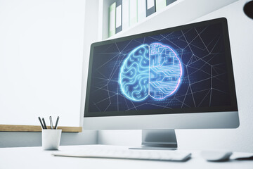 Wall Mural - modern computer display with creative human brain microcircuit. future technology and ai concept. 3d