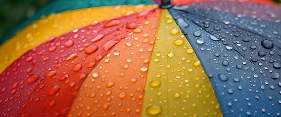 Wall Mural - Close-up of raindrops on a colorful umbrella, a cheerful defiance of gray weather,