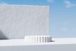 Product display podium stand with white plaster wall and blue sky background. 3D rendering	