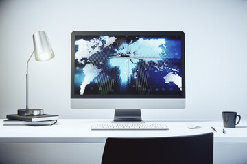 Wall Mural - abstract digital world map on modern computer monitor, big data and blockchain concept. 3d rendering