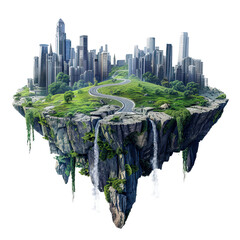 Wall Mural - 3d illustration modern city skyscrapers floating with beautiful landscape waterfalls on the patch of land, isolated on white background, png