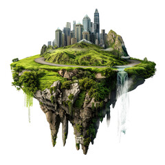 3d illustration modern city skyscrapers floating with beautiful landscape waterfalls on the patch of