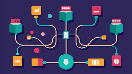 An array of interconnected wires and cables representing the communication and data transfer between the physical and virtual factory in digital