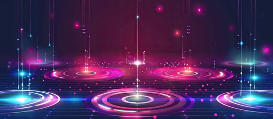 Wall Mural - The futuristic stage resembles a fluid, watery environment with vibrant purple, pink, and magenta lights illuminating the space, creating an mesmerizing entertainment experience