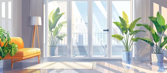 Canvas Print - A cozy living room with a couch, lamp, potted plants, and sliding glass doors to let in natural light. The wooden flooring complements the greenery of the houseplants