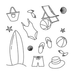 Wall Mural - Vector illustration of colorful funny doodles of summer symbols:lounger,swimsuit,surfboard,ball. Collection of cartoon icons with one line. 