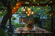 An antique chandelier hangs over an outdoor dining table, casting warm light on the backyard setting.