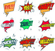Set of comic style phrases isolated on white background. Pop art style phrases set. Wow! Oops! Whop!  Design element for poster, flyer. Vector design element.