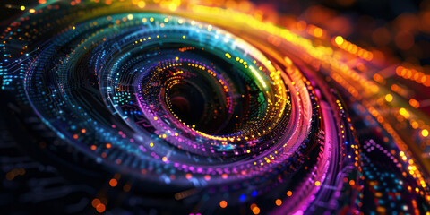 The dynamic nature of technology and innovation in development is symbolized by an abstract digital spiral with colorful circuit patterns