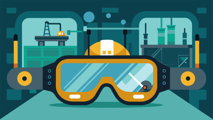 Macro shot of a pair of safety goggles equipped with AR technology showing realtime guidance for workers on a complex assembly line.