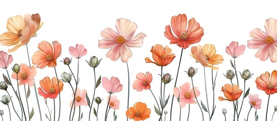 Poster - An arrangement of pink and orange flowers displayed on a white background. The vibrant colors of the flowering plants create a beautiful natural landscape, resembling a piece of art