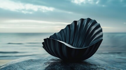 Wall Mural - a rounded seashell made of black silk in a minimalistic surreal ambience  