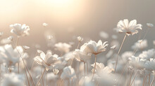 Field Of Flowers Drawn With Only Light, Ethereal, Magical Lighting, On A Pale Background.