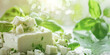 white cheese, lots of feta and basil leaves on the background, generative AI