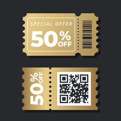 Gold Vip Sale cupon. Retro ticket illustration. Shoping coupon. Gold ticket. Vector discount gold coupon set flyer sticker or banner with barcode