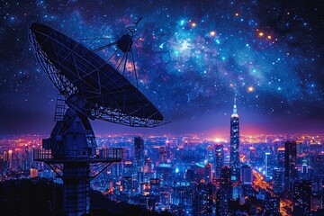 Data dish, cityscape at night, signal spectrum