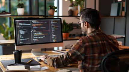 a computer programmer sitting at his desk with cup of coffee next to him