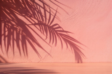 Wall Mural - Empty space with shadow of palm leaves on a pink surface background. High quality photo