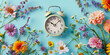 Daylight saving time concept. Summer time, winter time, changeover, switch of time. Seasonal spring or summer time. Clock as a timer for celebrations. Retro alarmclock on blue background