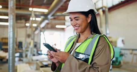 Wall Mural - Asian woman, worker and smartphone at warehouse or factory for social media on work break. Employee, logistics and happy with funny video or test on internet or online for entertainment and fun