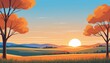Sunset Over a Countryside: A Cartoon Fall Season Illustration