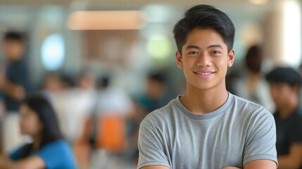 Wall Mural - Handsome young filipino male student smiling and looking at the camera in a high school classroom with blurred students in the background.