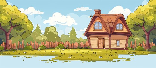 Poster - A picturesque cartoon illustration of a house surrounded by lush greenery in the middle of a forest, with a tranquil lake visible in the background under a beautiful sky with fluffy clouds