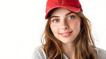 Wall Mural - Casual young woman in red baseball cap smiling. Fresh, modern portrait with a clean white background. Ideal for advertising. AI