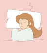 Young woman sleeping on the bed, having good dream. Girl lying under soft blanket. Stars and dot behind. Hand drawn flat cartoon character vector illustration.