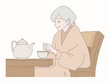 Calm senior woman making tea. Kind elderly woman drinking hot drinks. Hand drawn flat cartoon character vector illustration.
