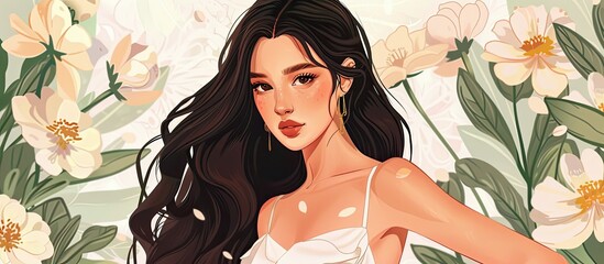 Canvas Print - A happy woman with black layered hair wearing a white wedding dress surrounded by flowers. Her eyelashes flutter in excitement at the event, adding a fun touch to the scene